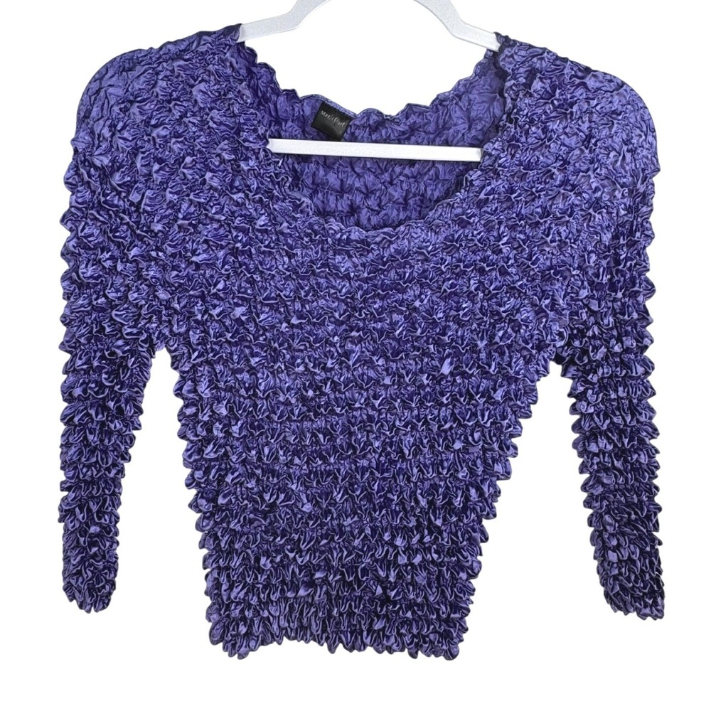 Magic Scarf Womens Purple Popcorn Top Crinkle Bubble Stretch 3/4 Sleeve One Size